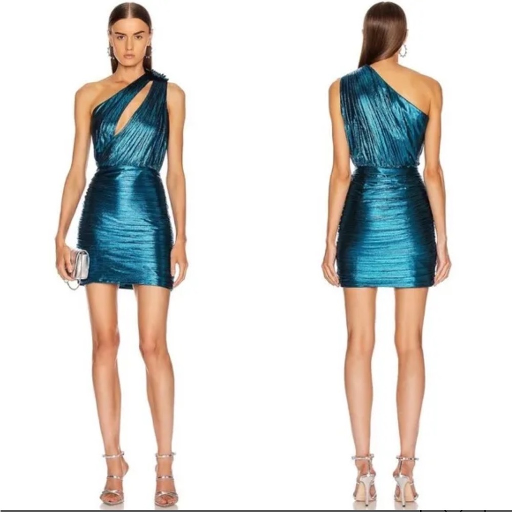 Retrofete cassia dress in turquoise. Mini metalic dress